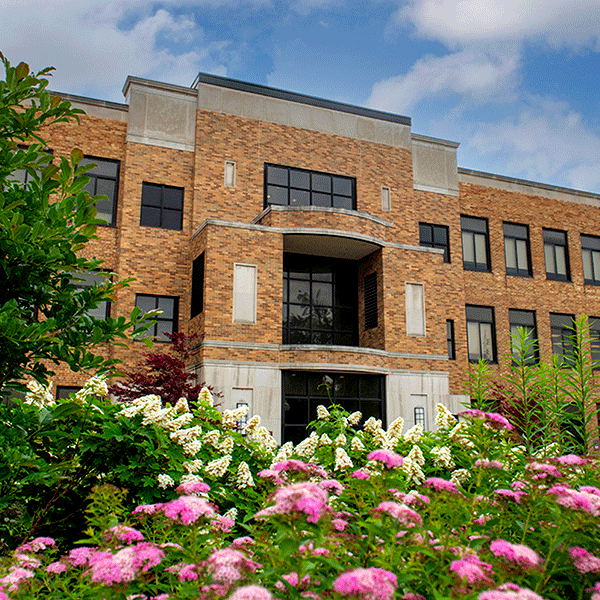 Exterior of a brick building with purple flowers in the foreground